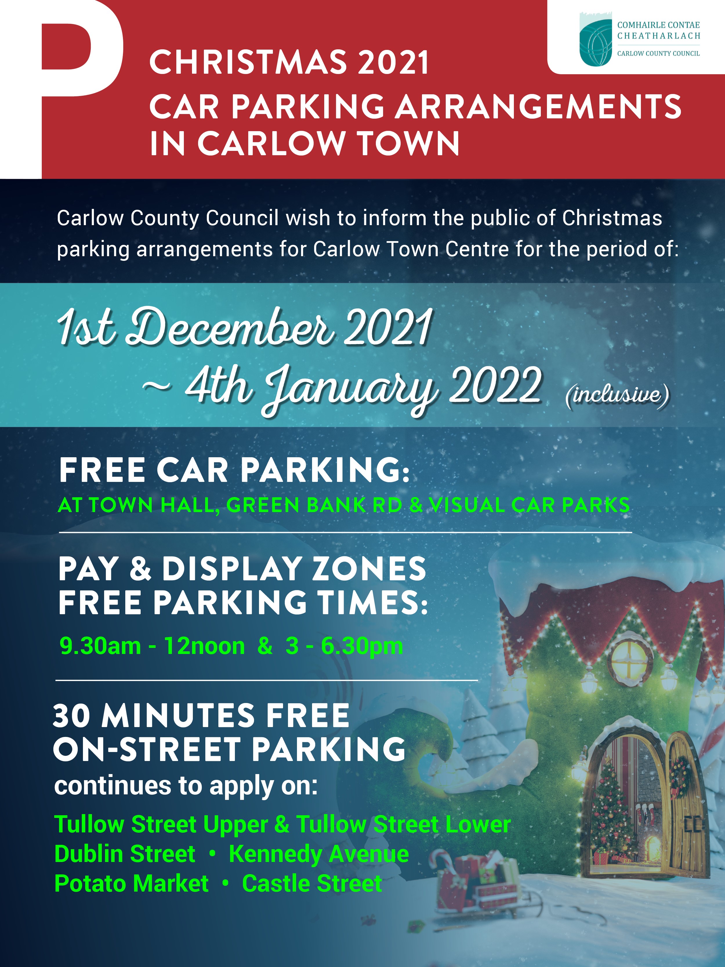 Christmas 2021 Car Parking Arrangements in Carlow Town