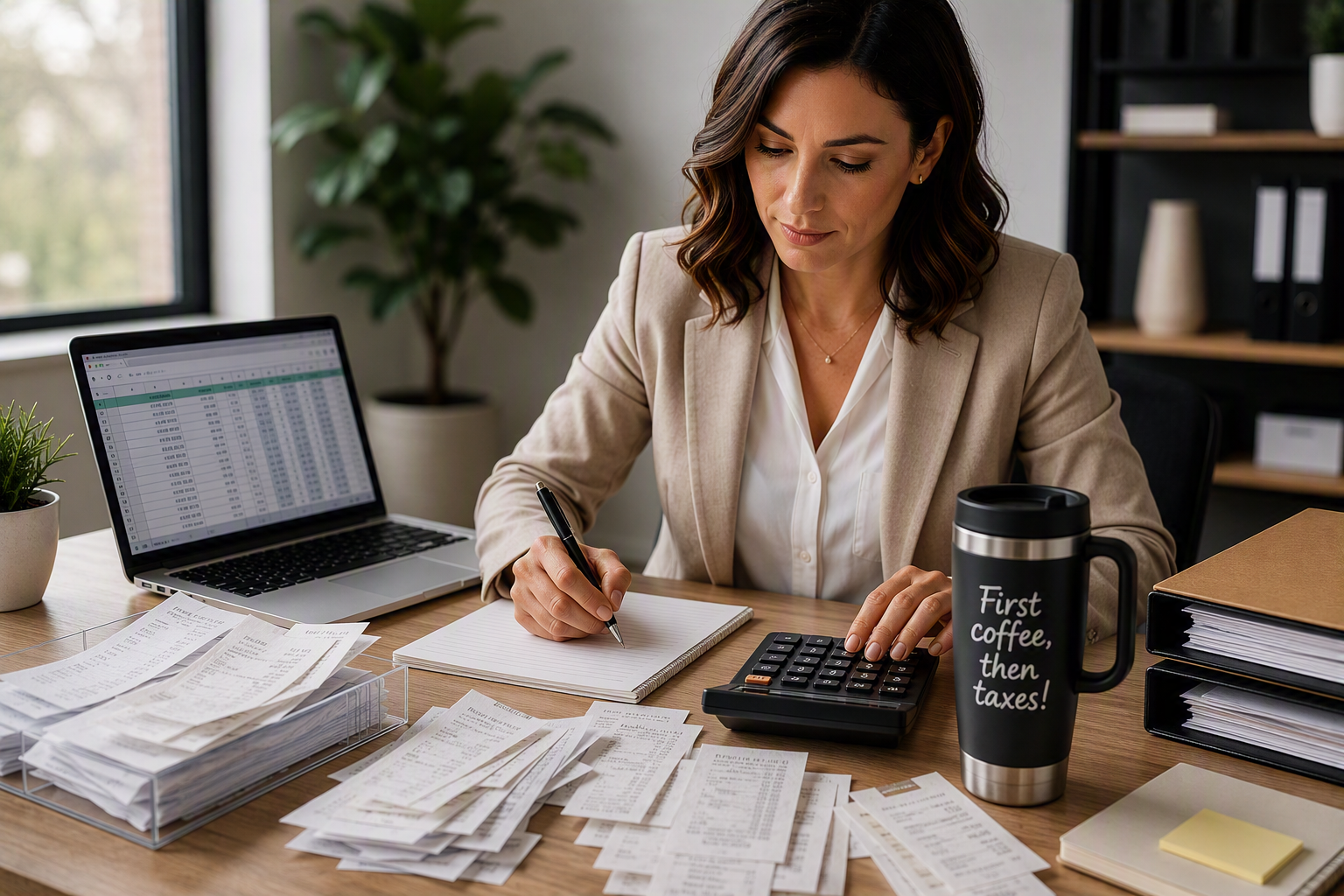 Business-woman-working-on-accounts,-with-coffee-quote-on-travel-mug Business-woman-working-on-accounts,-with-coffee-quote-on-travel-mug
