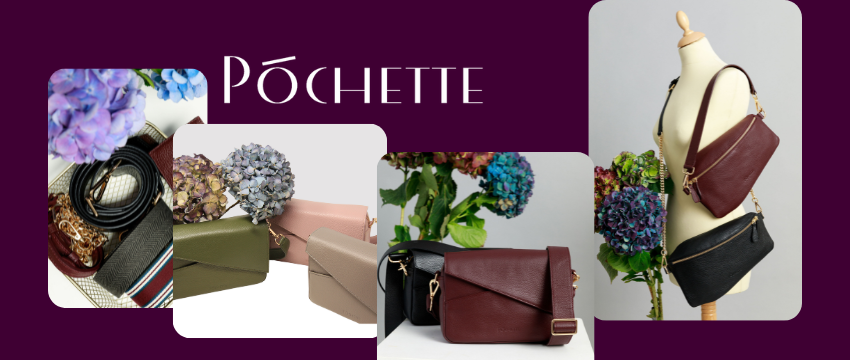 Pochette logo Image includes Logo for Póchette and a collage of Photos highlighting their hangbags